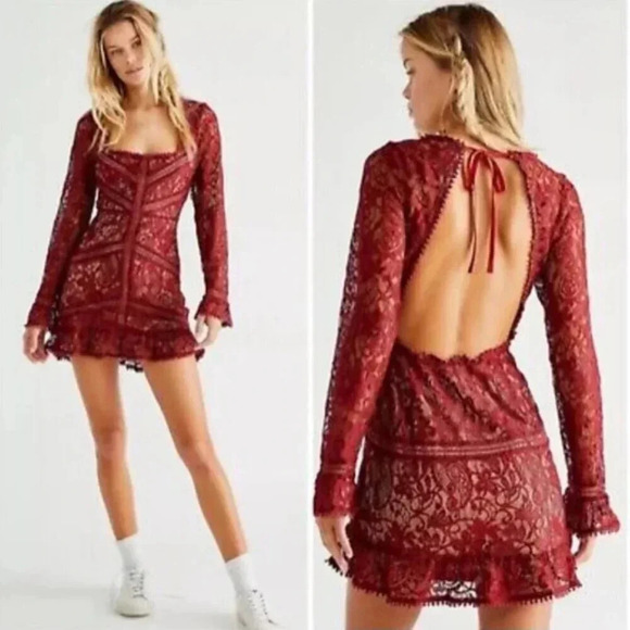 For Love And Lemons Emerie Cut Out Dress Mini Lace Long Sleeve Merlot Red Medium - Picture 11 of 12